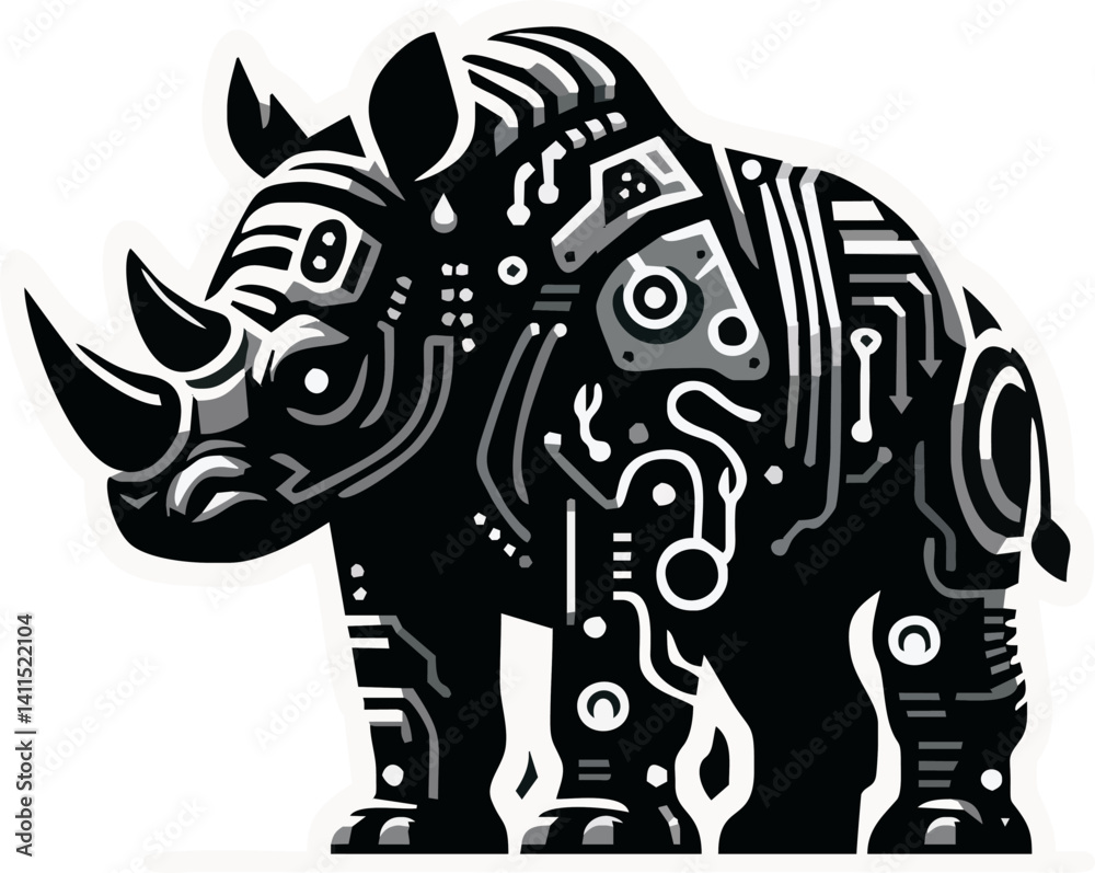 Fototapeta premium Stylized rhino illustration, black and white, tribal patterns, geometric designs, circuit-like motifs, intricate details, bold lines, abstract art, futuristic tribal fusion, cybernetic animal, biomech