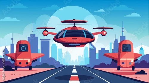 As the eVTOLs take off and land gracefully in the designated landing pads visitors and researchers alike marvel at the precision and engineering behind these futuristic air taxis.. Vector illustration