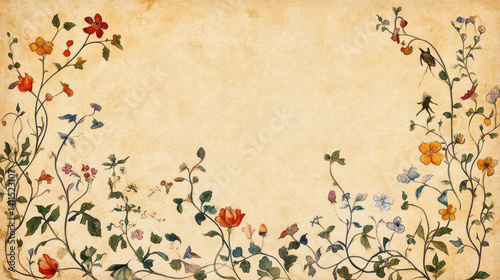 Ornate delicate fairy-tale illuminated manuscript-style nature border intricate medieval botanical floral vines parchment background cottagecore rich colors motifs elegant calligraphy copy space