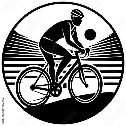 Line art vector silhouette of a cyclist riding a bicycle against a sunset background