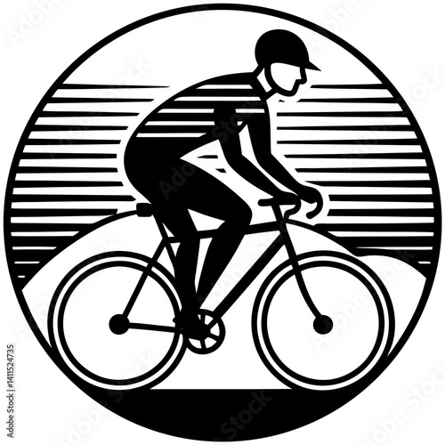 Line art vector silhouette of a cyclist riding a bicycle against a sunset background