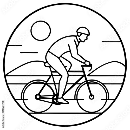 Line art vector silhouette of a cyclist riding a bicycle against a sunset background