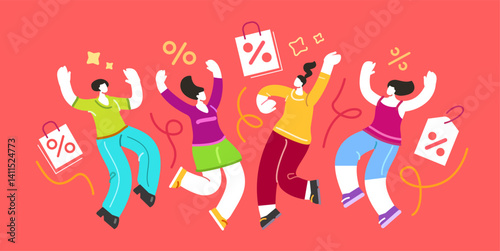 Shopping banner. Happy young women rejoice discounts at sale