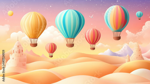 Colorful hot air balloons floating over a serene landscape at sunset.