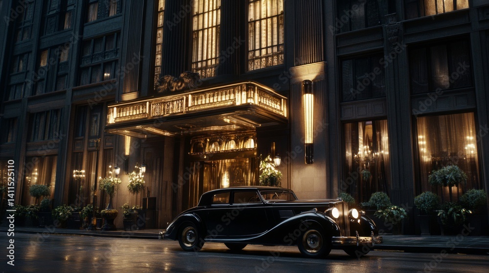 Fototapeta premium Vintage Car Parked Outside Grand Hotel at Night