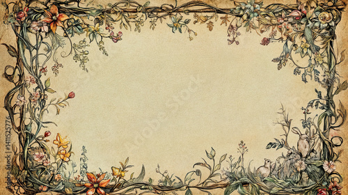 An ornate illuminated manuscript-style border rabbits intricate medieval botanical floral vines parchment background cottagecore rich colors, delicate fairy-tale motifs elegant calligraphy copy space	
