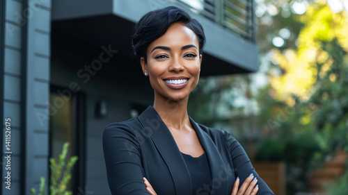 African American confident real estate agent in front of black house, Young business woman, 