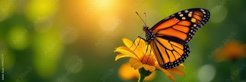 Fototapeta premium Close-up of monarch butterfly, sunlight gleaming on wings, wing detail, orange, insect wing