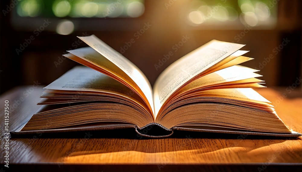 Open Book on Wooden Desk with Soft Natural Lighting Open Book on Wooden Desk with Soft Natural Lighting