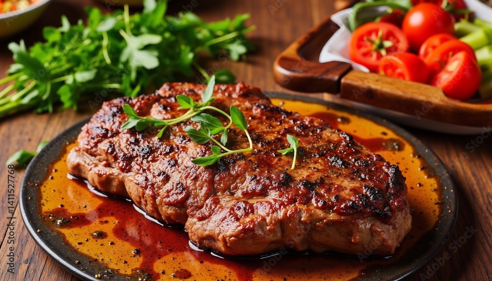 Grilled Steak Served On A Plate With Salad And Parsley Grilled Steak Served On A Plate With Salad And Parsley