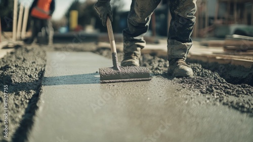 Construction worker laying concrete slab. Outdoor construction site