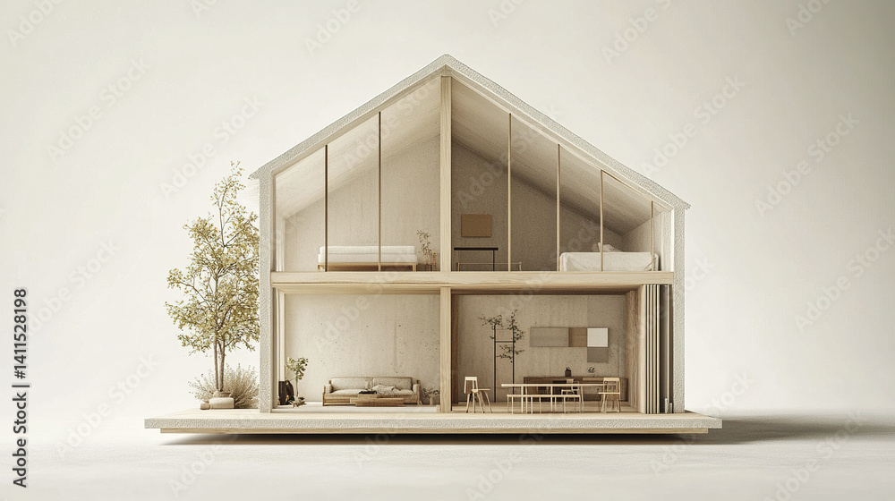 Fototapeta premium Modern minimalist house model with open interior design and natural elements