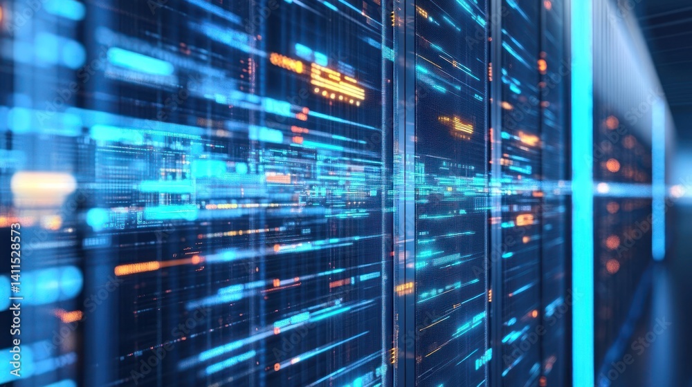 Data center server room, glowing digital code Data center server room, glowing digital code