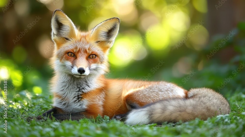 Naklejka premium A beautiful fox resting peacefully amidst the green grass outdoors