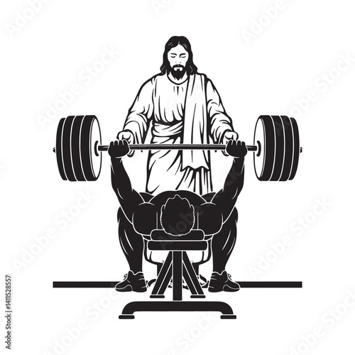 A man lifting a heavy weight with the help of Jesus vector art illustration