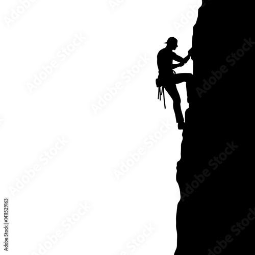 Climber scaling a rock face against a white background
