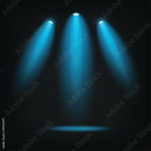 Stunning blue spotlight effect with three beams illuminating a dark space, perfect for theatrical productions, concerts, promotional events, and creating a captivating atmosphere.
