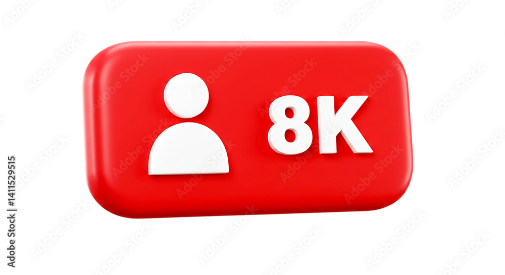 Fototapeta premium Red button with white follower icon and text showing eight thousand followers on black background
