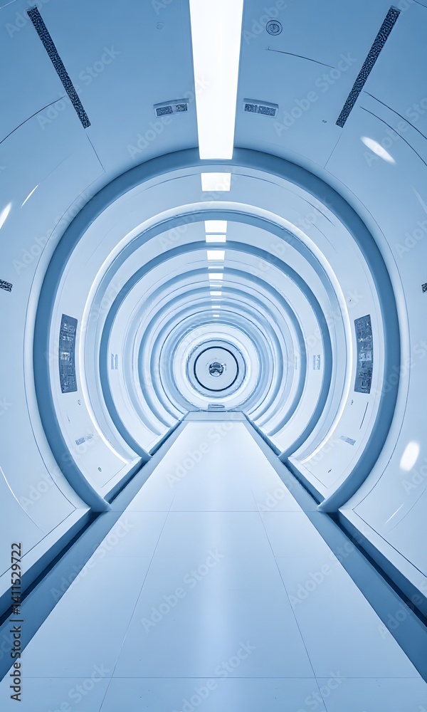 Fototapeta premium Blue futuristic hallway with multiple levels.