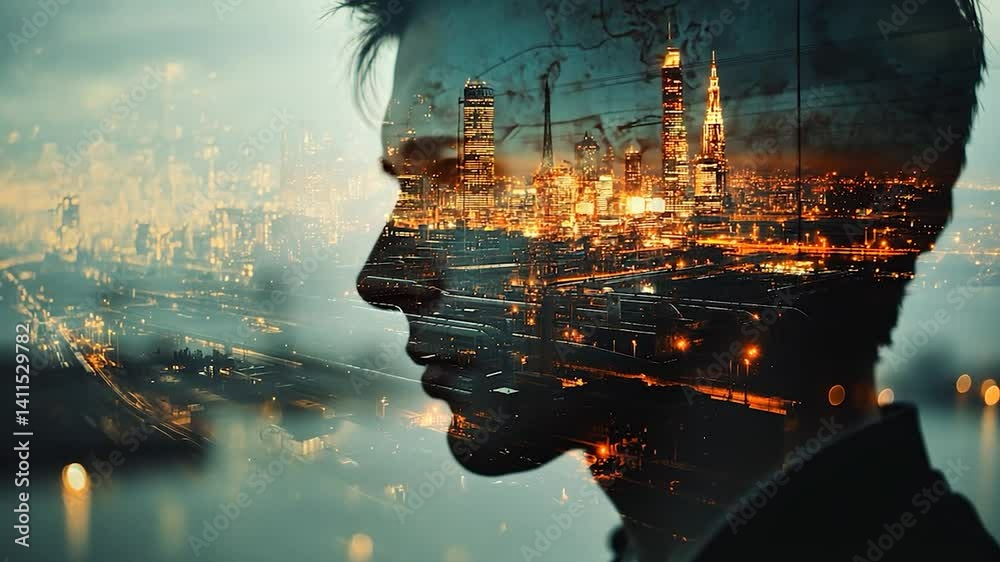 Man profile, city lights double exposure, global vision, evening cityscape