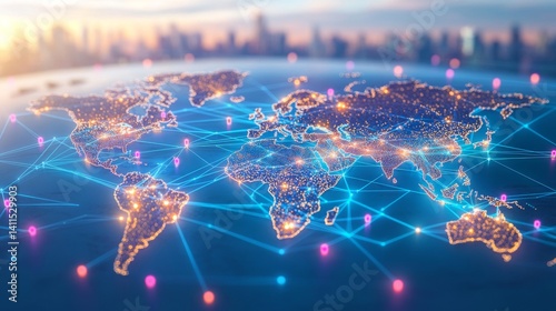 Illuminated Global Network Map with City Lights
