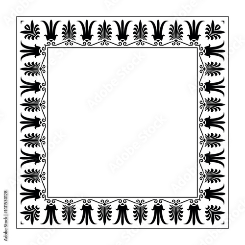 Greek square classic frame plate meander. Patterns of Greece, ancient Rome. Square european border. Palmette. Byzantium. Egyptian, assyrian, greek motives. For textiles, embroidery, porcelain. EPS