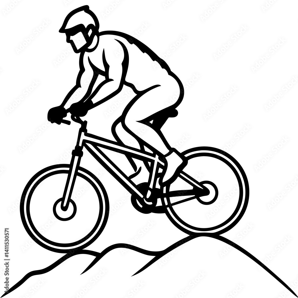 Fototapeta premium Line art vector silhouette of a mountain biker riding on rough terrain