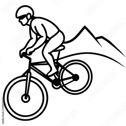 Line art vector silhouette of a mountain biker riding on rough terrain
