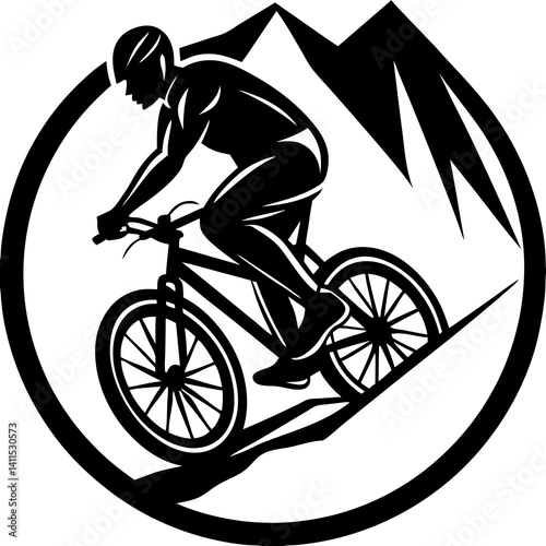 Line art vector silhouette of a mountain biker riding on rough terrain