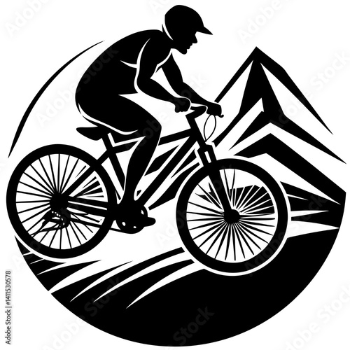 Line art vector silhouette of a mountain biker riding on rough terrain