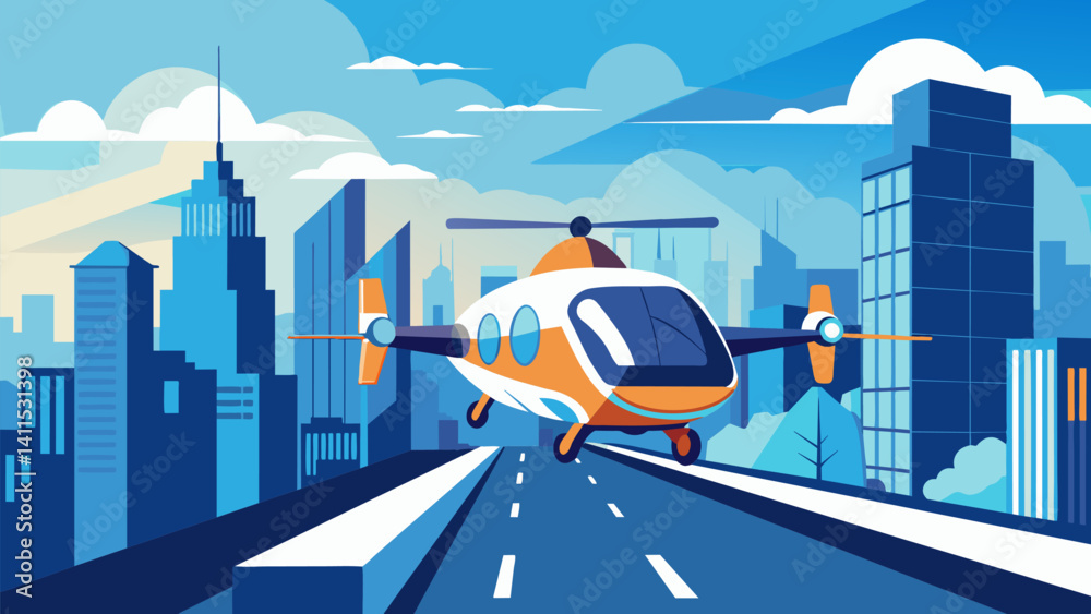 The smooth silent flight of autonomous air taxis provides a peaceful contrast to the chaos of the city streets below.. Vector illustration