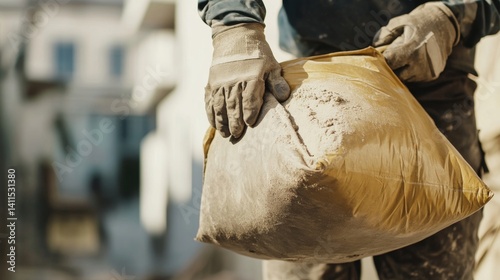 Wallpaper Mural Construction worker lifting cement bag. Outdoor construction site Torontodigital.ca