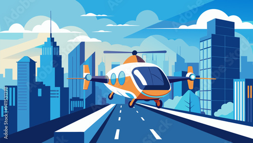 Obraz na płótnie The smooth silent flight of autonomous air taxis provides a peaceful contrast to the chaos of the city streets below.. Vector illustration w salonie