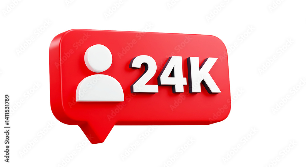 Fototapeta premium A red notification icon showing a person icon and the text 24k on a black background render style