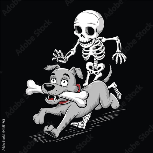 Dog stealing a skeleton human bone vector funny character design