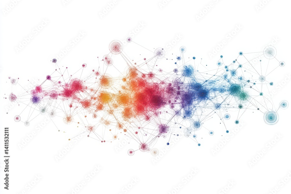 Connected circles with lines in rainbow colors on white background. It shows network, technology, complex systems, or communication concept. Connected circles with lines in rainbow colors on white background. It shows network, technology, complex systems, or communication concept.
