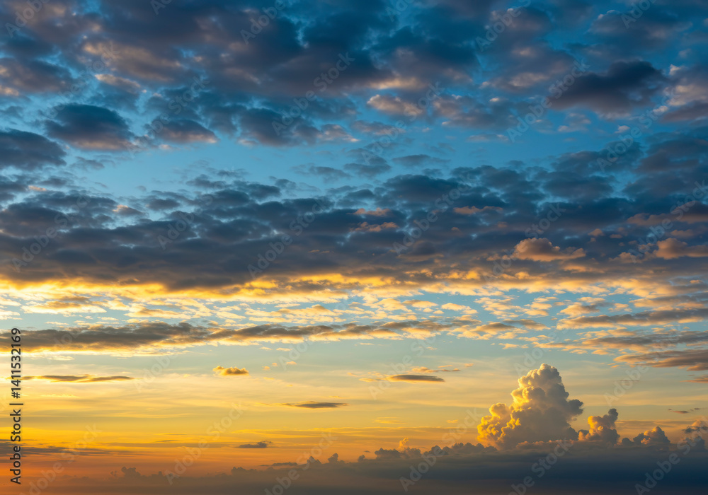 Fototapeta premium Dramatic Sunset Sky with Golden Cloudscape and Cumulus Clouds: Aerial View