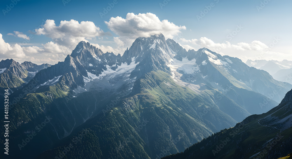 Obraz premium Majestic Mountain Range Under a Blue Sky with White Clouds