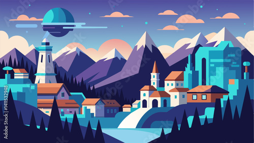 Surrounded by mountains and forests a quaint little town with a rich history is set abuzz by the futuristic appearance of eVTOLs.. Vector illustration