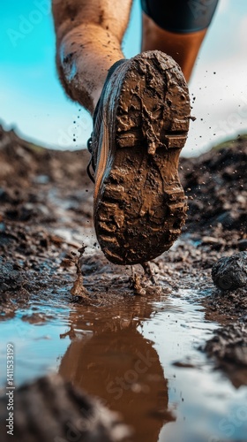 Experience thrill of mud running! This dynamic image captures runner's muddy shoe splashing through puddle, showcasing adventure and athleticism in challenging terrain.