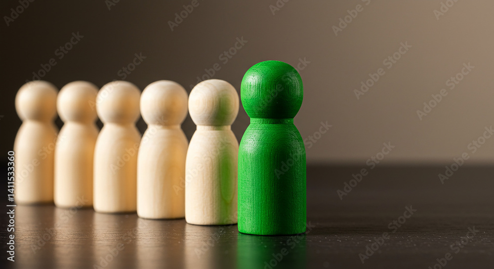 Wooden figures in a line with one green standout individual, representing recognition, promotion, career growth, or distinct personality in a group or team setting. Wooden figures in a line with one green standout individual, representing recognition, promotion, career growth, or distinct personality in a group or team setting.