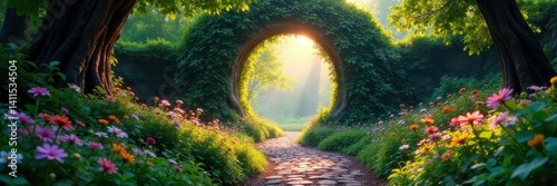 Overgrown path leads to luminous arch in fairytale garden , night, green, pathway