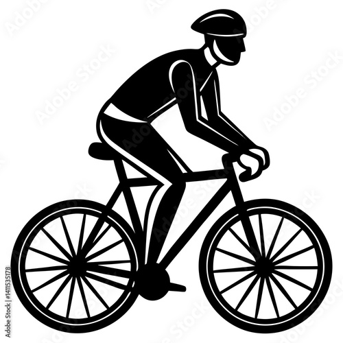 Line art vector silhouette of a person riding a bicycle, with clean lines showing the figure on the bike