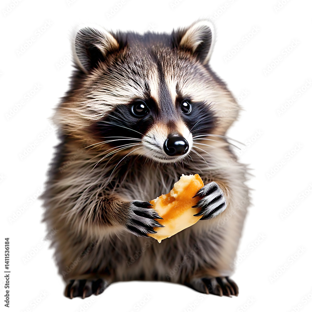 Obraz premium Cute raccoon holding food in paws, high detail fur, isolated on white