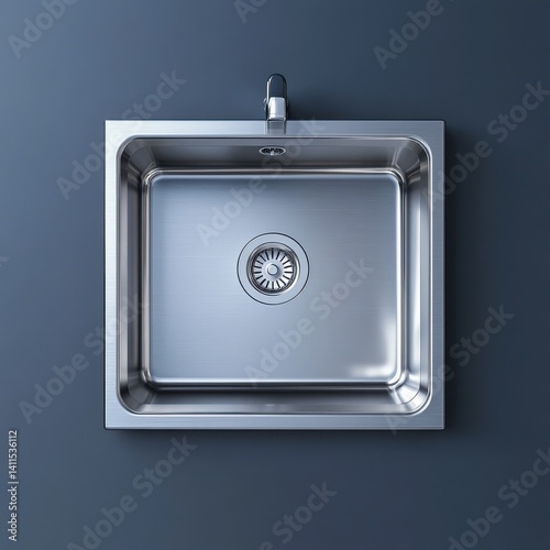Top down view of a shiny stainless steel kitchen sink with a faucet above it