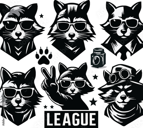 Cool Raccoon Collection: A collection of stylized raccoons sporting sunglasses, radiating coolness and personality in a monochrome palette.