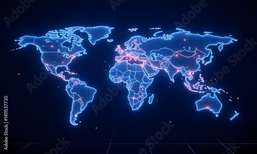Blue outline of world map with lights.