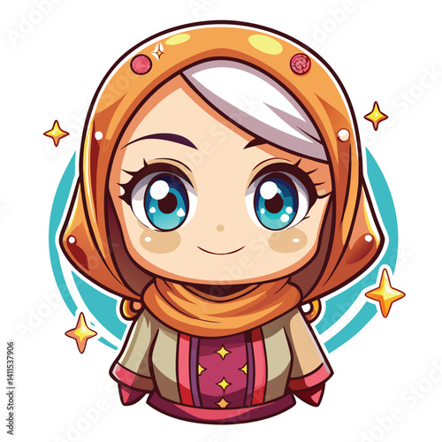 Cute anime girl in hijab with decorative elements