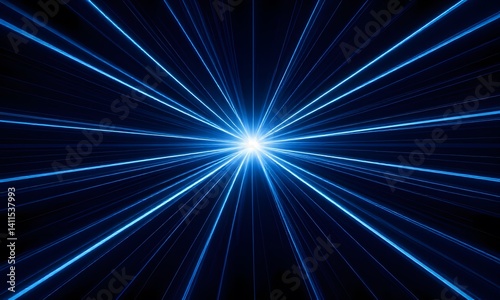 Blue radiant light beams in dark space.