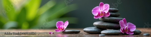 Pink orchid blossoms beside carefully balanced rock stack, soft light, light, orchid